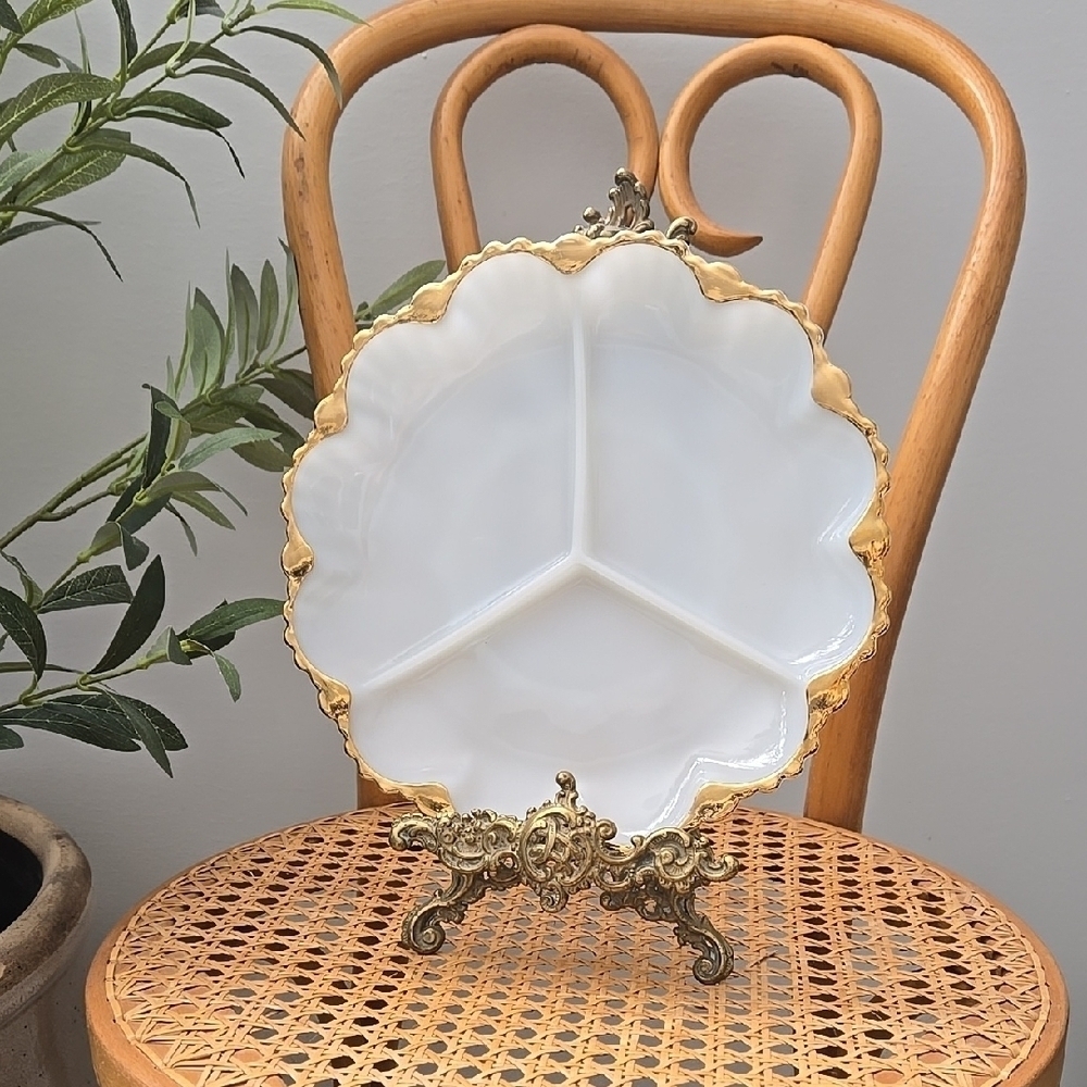 Vintage Gold Trimmed Milk Glass Porcelain Serving Plate